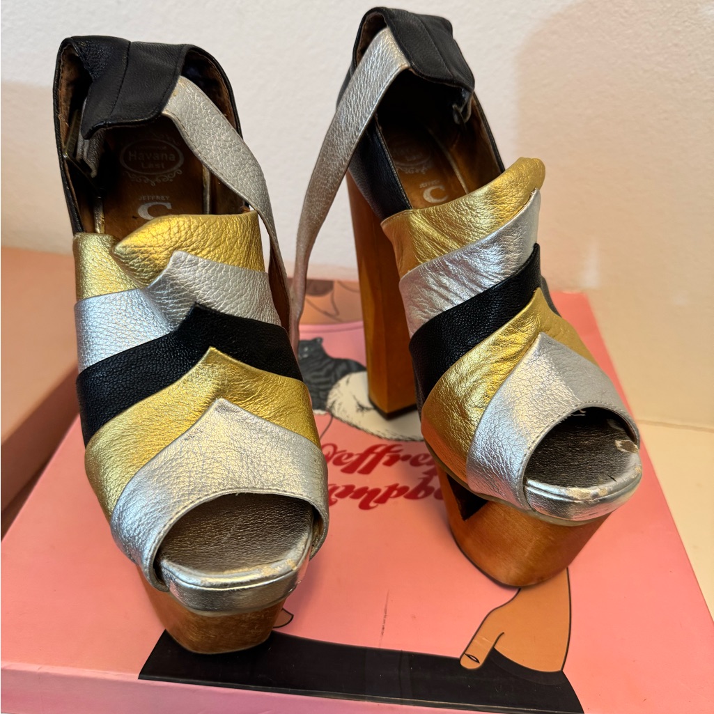 Jeffrey Campbell Silver, Gold, And Black Platform Heels